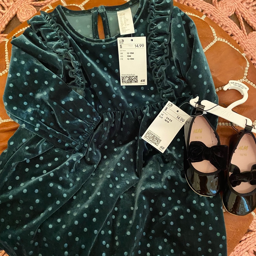 H & M baby girl Teal velvet polka dot dress/shoes